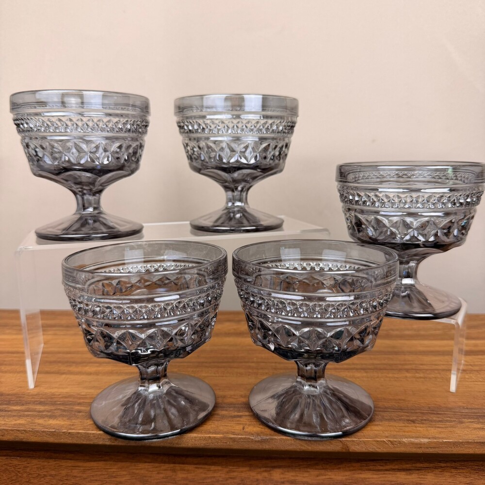 Vintage Anchor Hocking Wexford Pewter Mist Sherbert Dessert Set of 5 Smoked